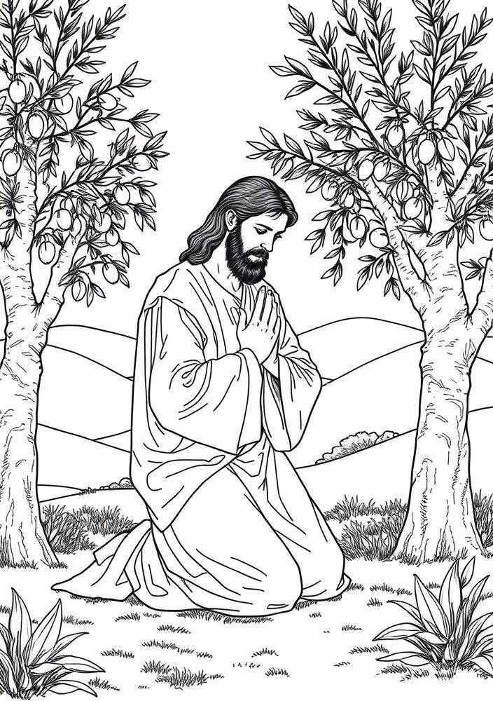 Desenho de Jesus em oração entre árvores para colorir