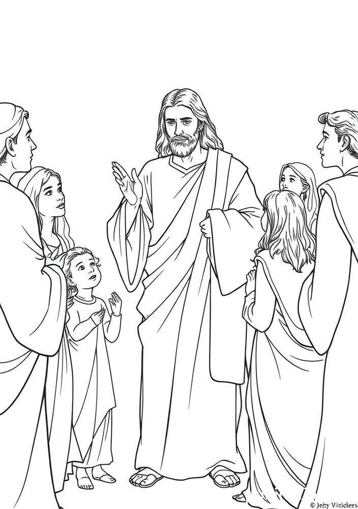 Desenho de Jesus com crianças em uma cena de ensino para colorir