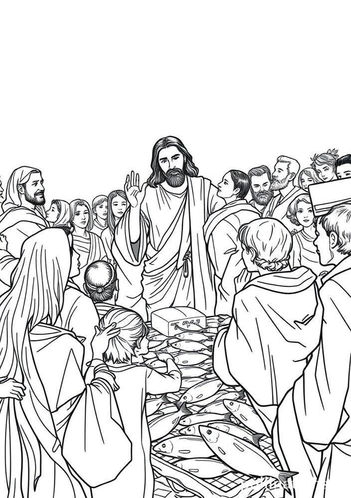 Desenho de Jesus com multidão, multiplicando pães e peixes, para colorir