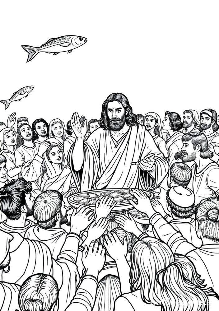 Desenho de Jesus realizando o milagre da multiplicação de pães e peixes, ideal para colorir.