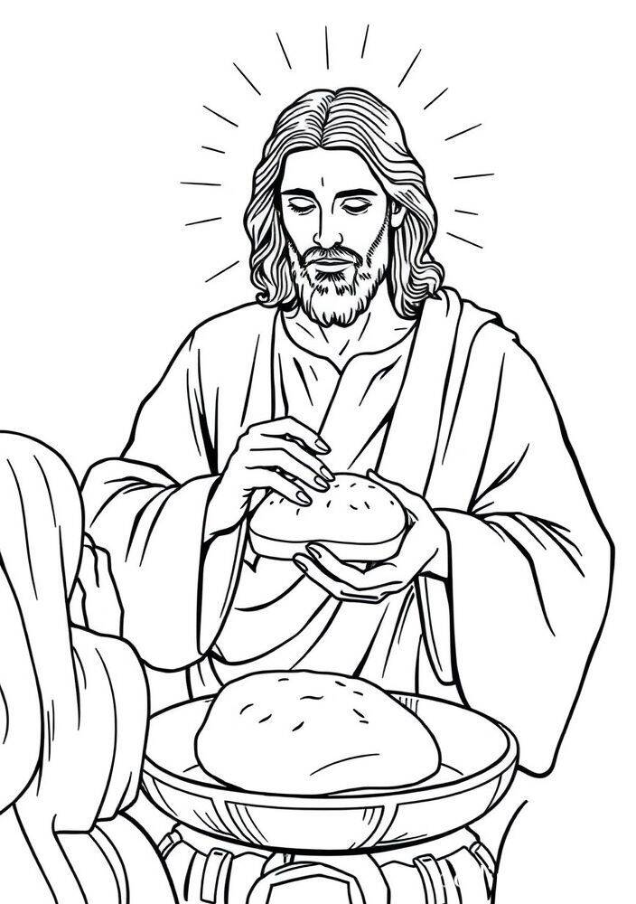 Desenho de Jesus realizando o milagre da multiplicação dos pães.