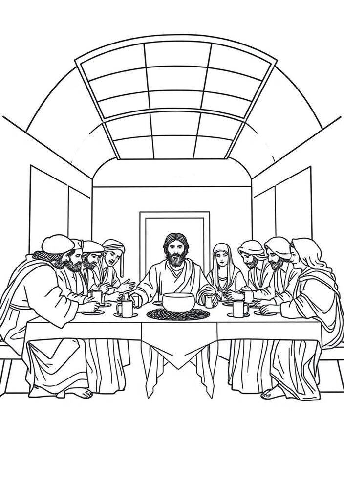 Desenho para colorir de Jesus e seus apóstolos na Última Ceia