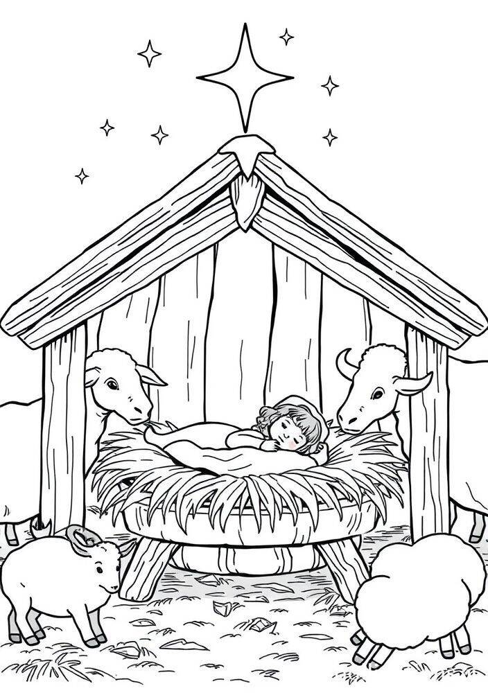 Desenho de Jesus na manjedoura cercado por animais para colorir