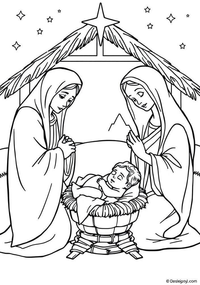 Desenho de Jesus no Natal com Manjedoura para colorir, ideal para crianças.