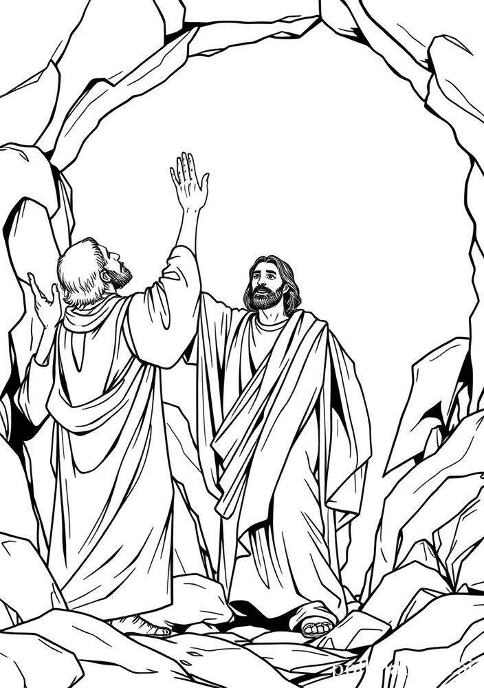 Desenho para colorir de Jesus ressuscitado conversando com os discípulos em uma caverna.