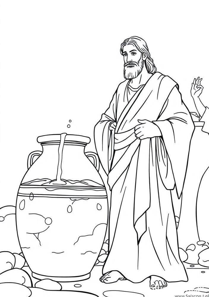 Desenho de Jesus perto de um jarro, pronto para ser colorido