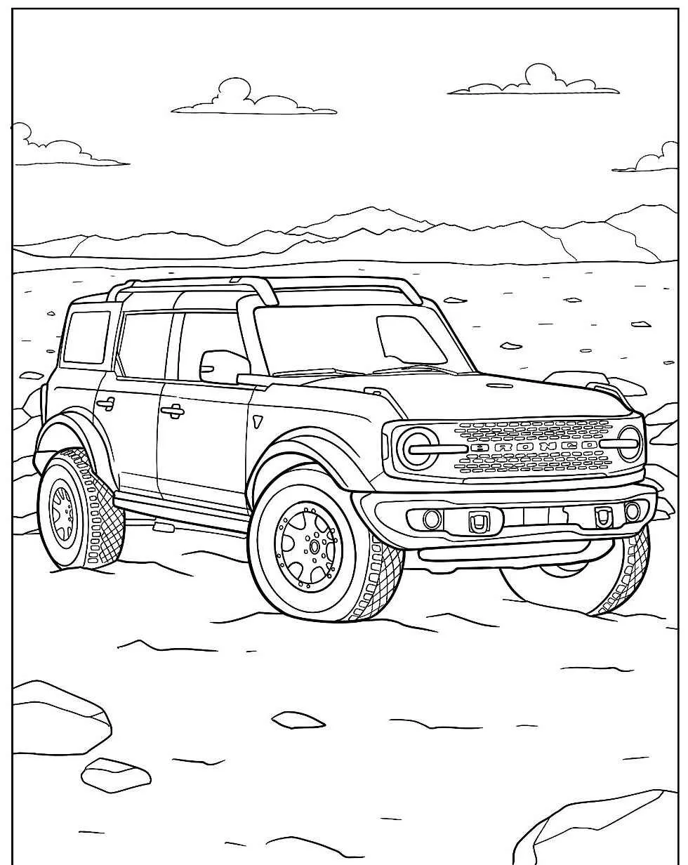 Desenho de um jipe off-road em um cenário de montanha para colorir