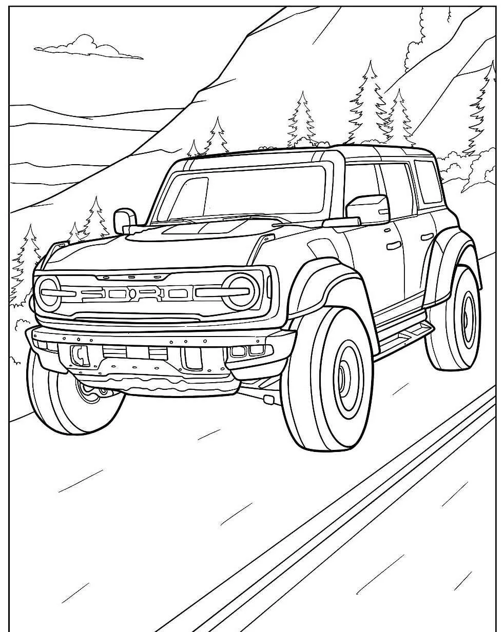 Imagem de um jipe off-road em uma estrada de montanha para colorir