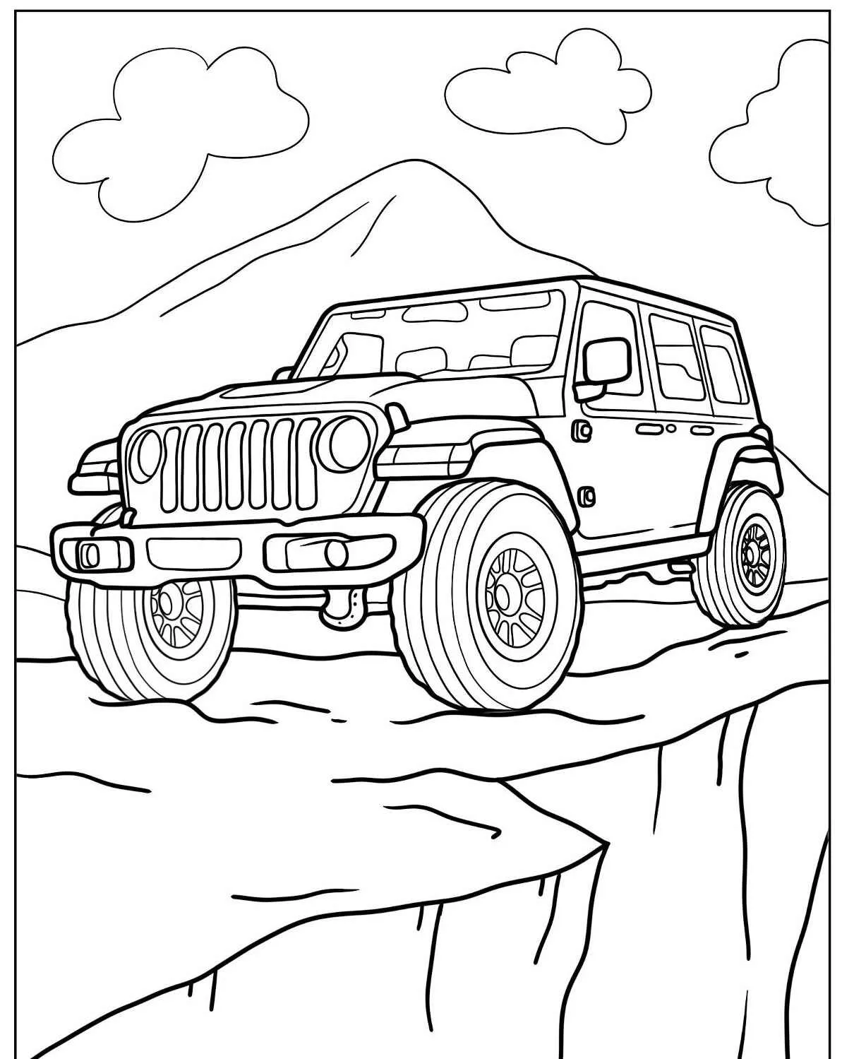Desenho de um jipe off-road em uma montanha para colorir