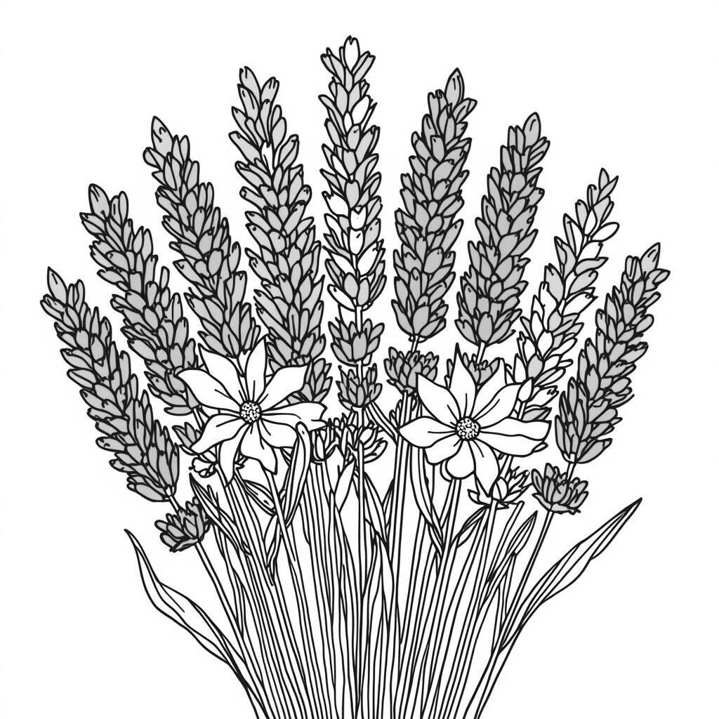 Desenho de lavanda e flores para colorir, ideal para atividades artísticas.