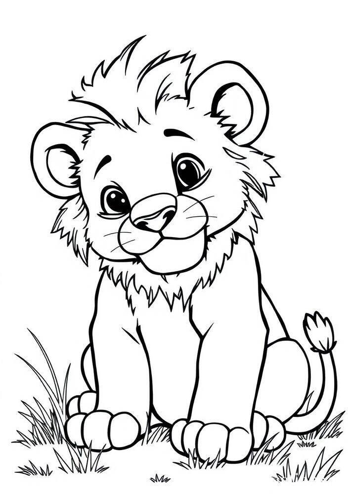Desenho de um leãozinho fofo sentado em um gramado para colorir.