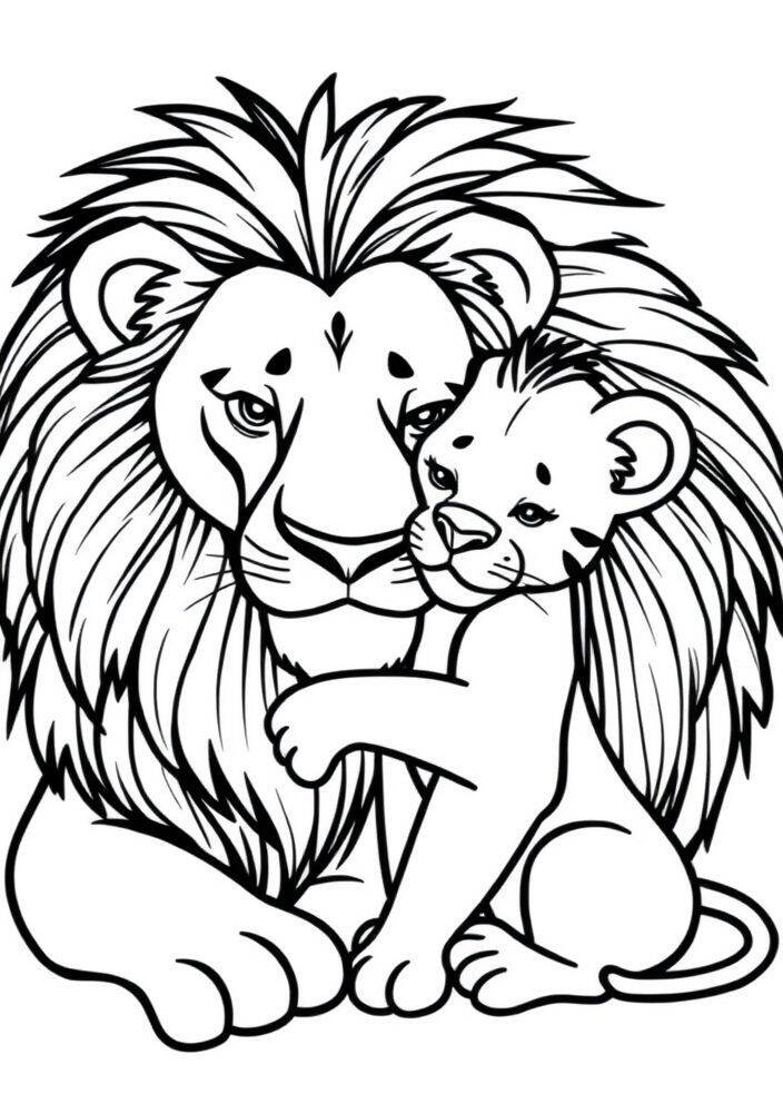 Desenho de um leão com seu filhote para colorir