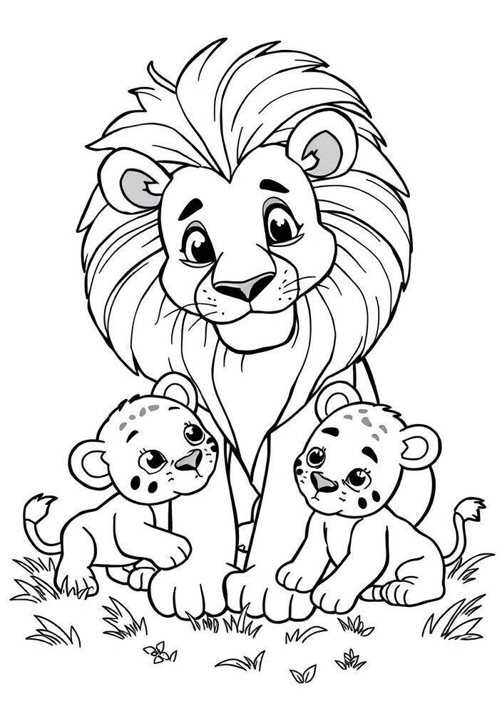 Desenho de leão e filhotes para colorir