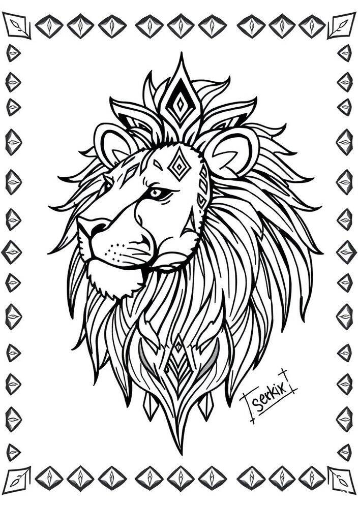 Desenho de um leão com detalhes artísticos para colorir