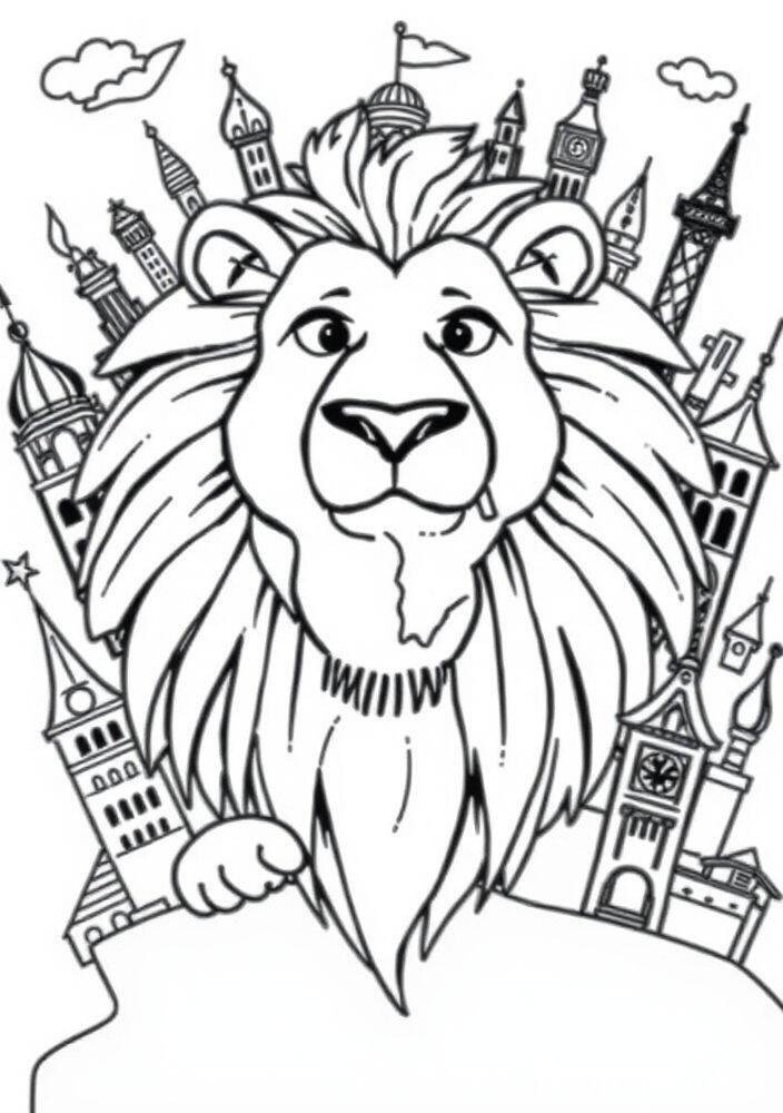 Desenho de um leão com uma paisagem de monumentos ao fundo para colorir