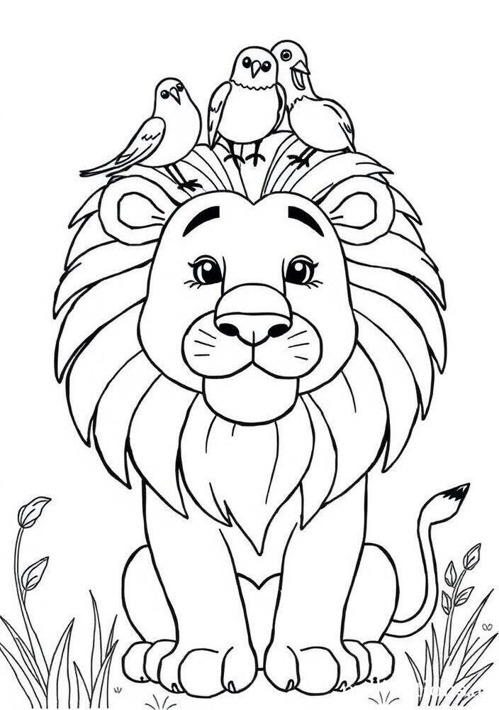 Desenho de um leão com pássaros em sua juba, ideal para colorir.