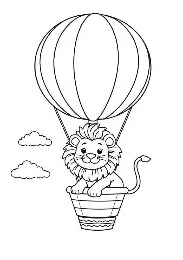 Leão fofo em um balão de ar quente, pronto para ser colorido