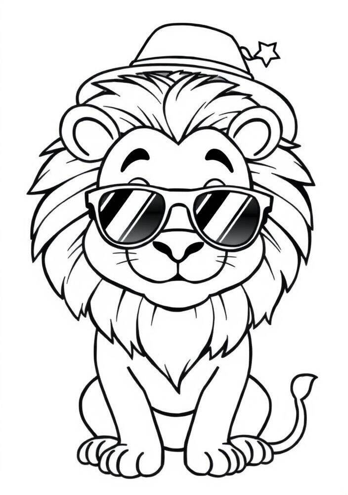 Desenho de um leão fofo usando óculos escuros e chapéu, ideal para colorir.