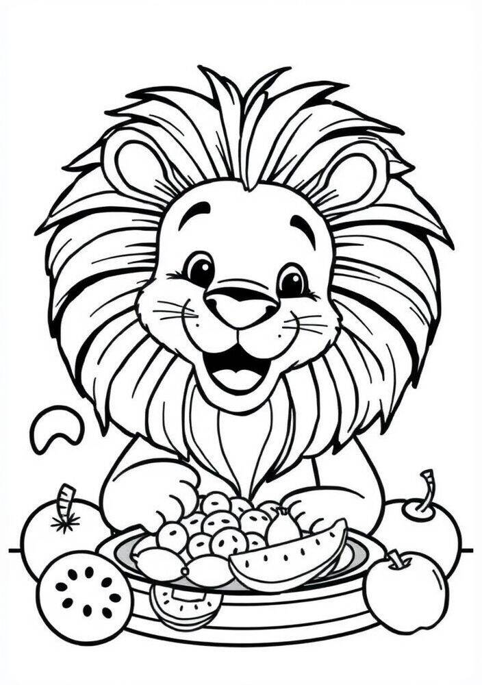 Leão sorridente com uma tigela de frutas para colorir