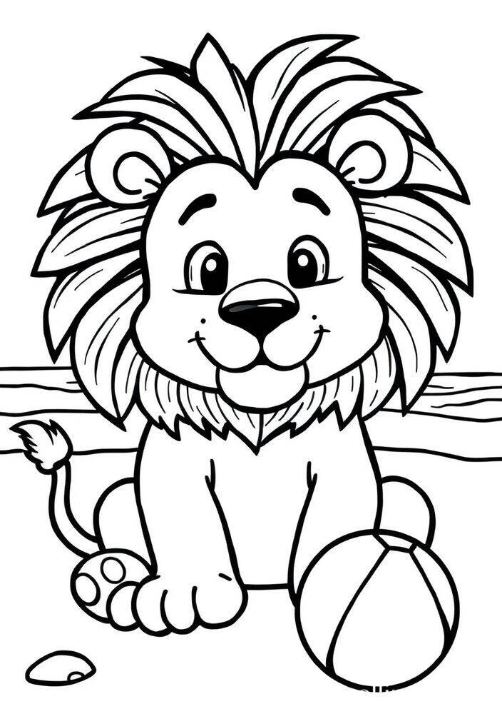 Desenho de um leão fofo com uma bola na praia para colorir