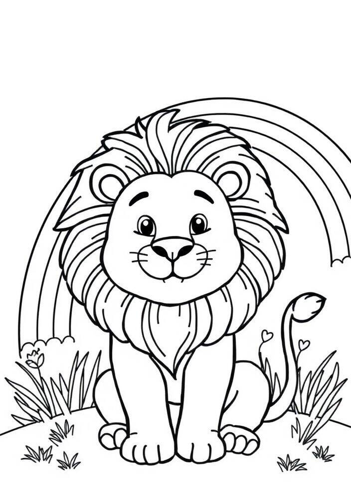 Desenho de um leão sorridente sentado com um arco-íris ao fundo