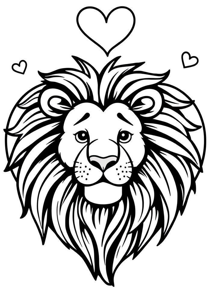 Desenho de um leão com uma expressão amigável e corações ao redor para colorir.