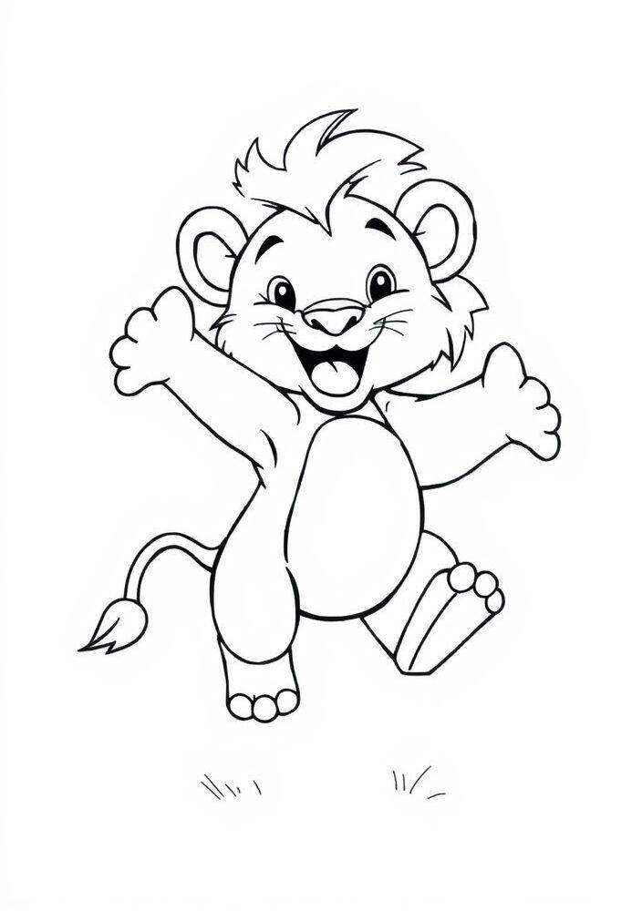 Desenho de um leão fofo e sorridente para colorir, ideal para crianças.