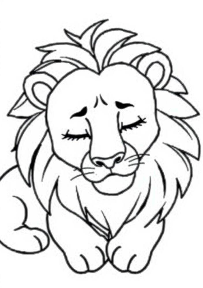 Desenho de um leão fofo com olhos fechados para colorir.