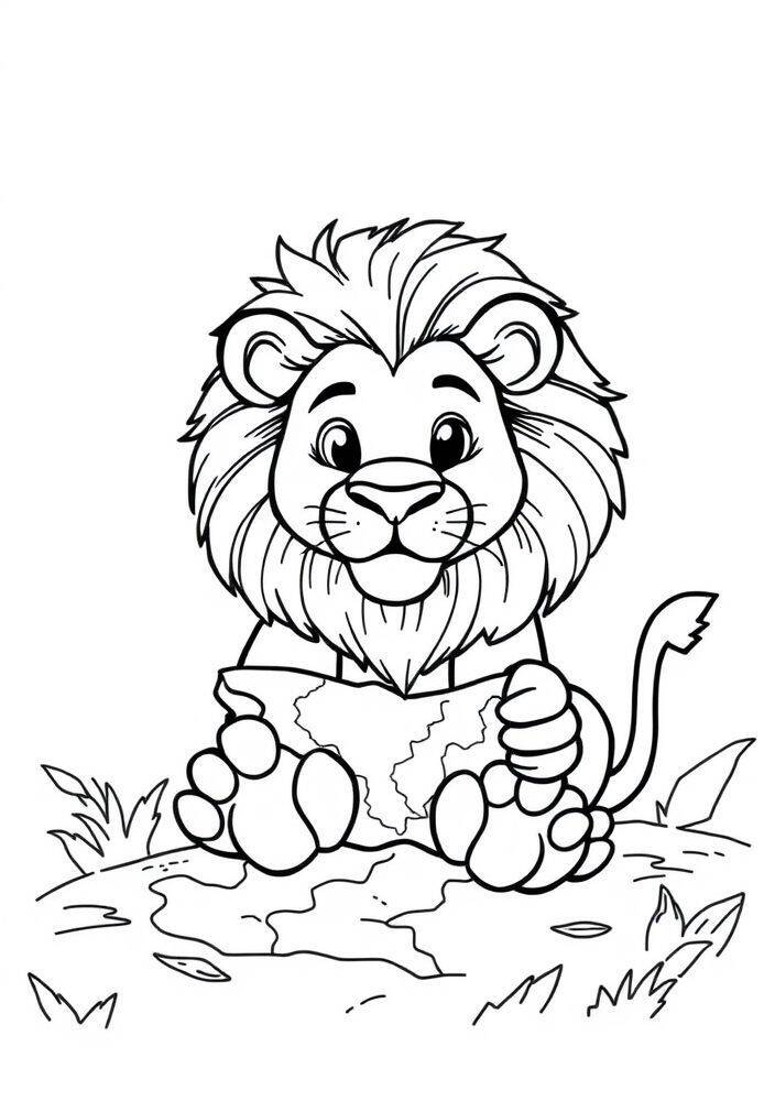 Desenho de um leão fofo segurando um coração, ideal para colorir.
