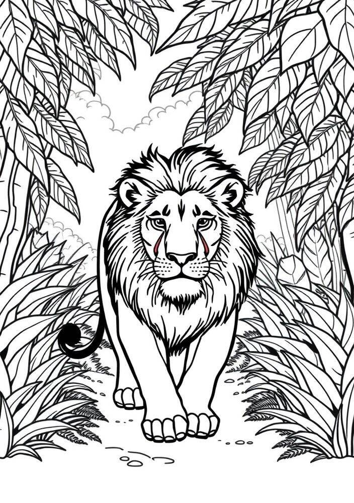 Desenho de um leão majestoso caminhando entre folhas e árvores, ideal para colorir.