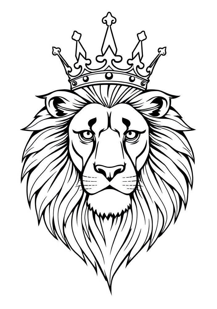 Desenho de um leão com uma coroa, pronto para ser colorido.