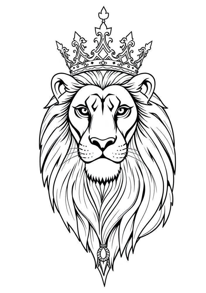 Desenho de um leão majestoso com uma coroa, ideal para colorir.