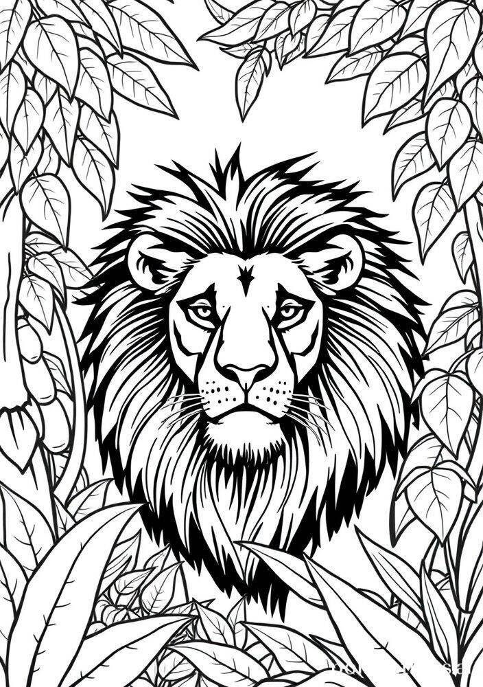 Desenho de um leão com uma juba cheia, cercado por folhas verdes.