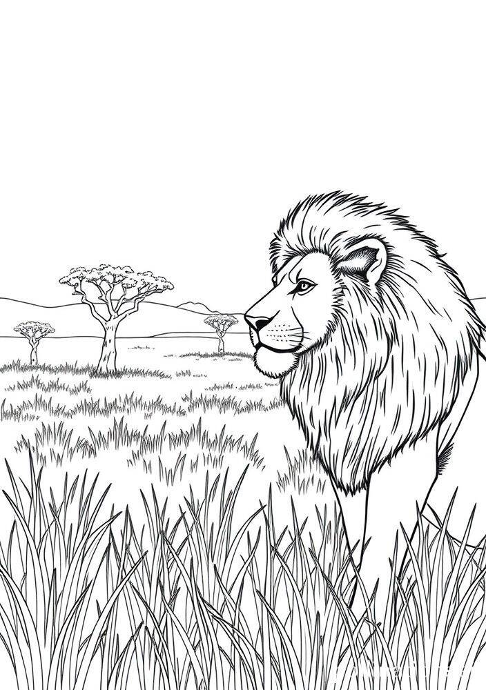 Desenho de um leão na savana cercado por grama e árvores