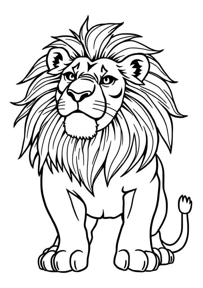 Desenho de um leão majestoso com uma juba cheia para colorir.