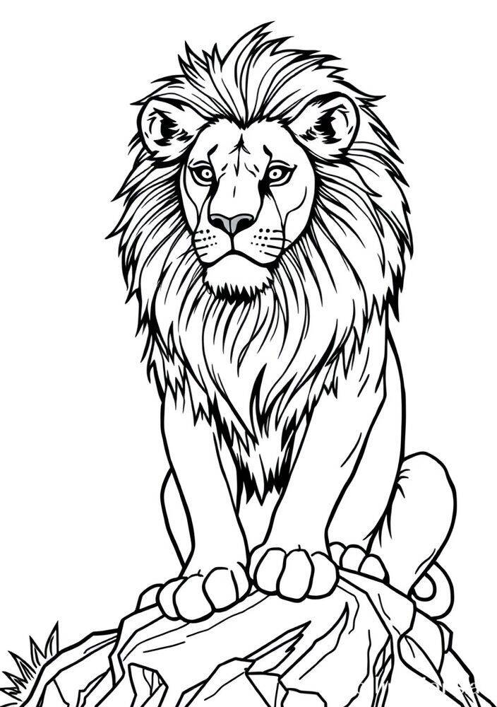 Desenho de um leão majestoso sentado em uma rocha para colorir