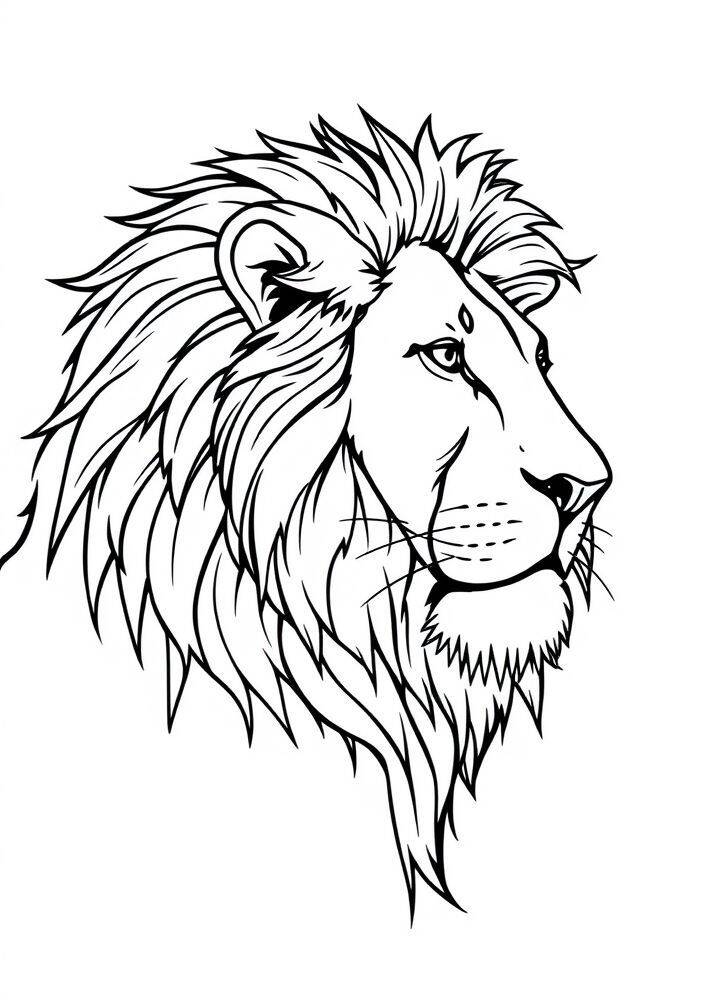 Desenho em preto e branco de um leão com uma juba impressionante para colorir.