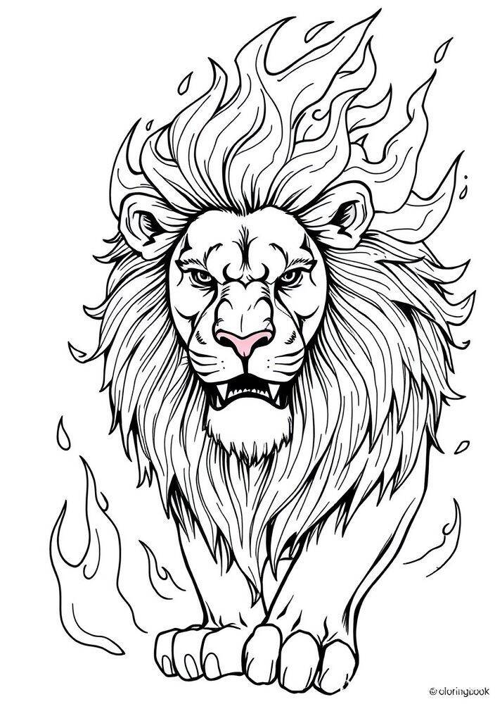 Desenho de um leão com uma juba flamejante para colorir.
