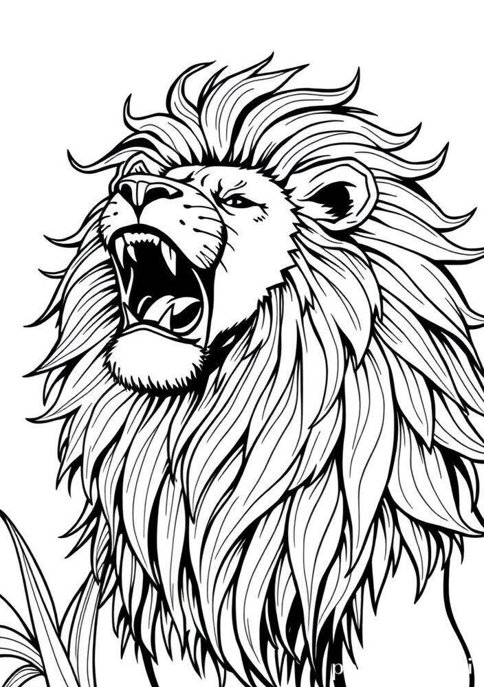 Desenho de um leão rugindo com uma juba cheia de detalhes para colorir.