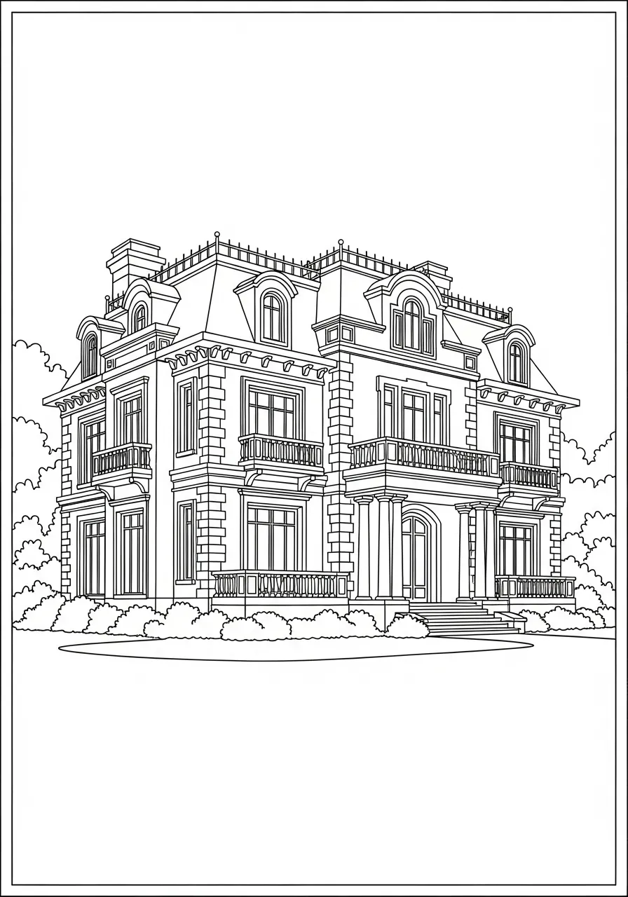 Desenho de uma mansão clássica com detalhes arquitetônicos para colorir