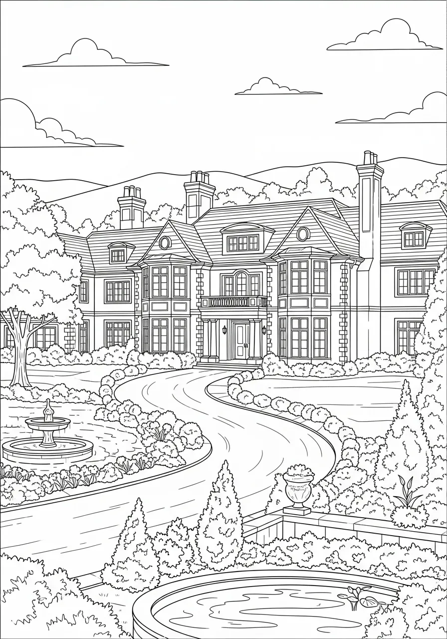 Desenho de uma mansão elegante com jardim e fonte para colorir