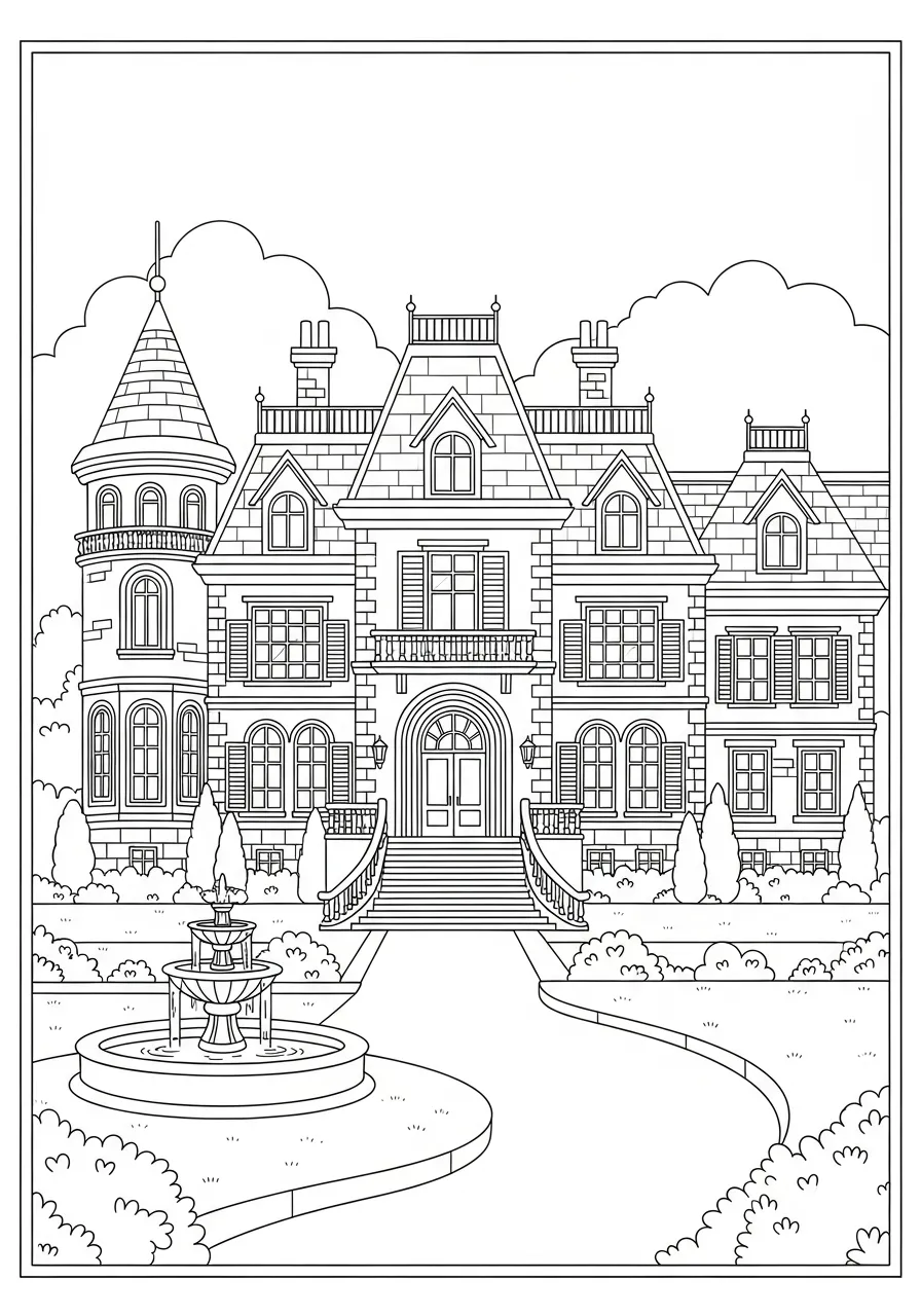 Imagem de uma mansão elegante com jardim e fonte para colorir