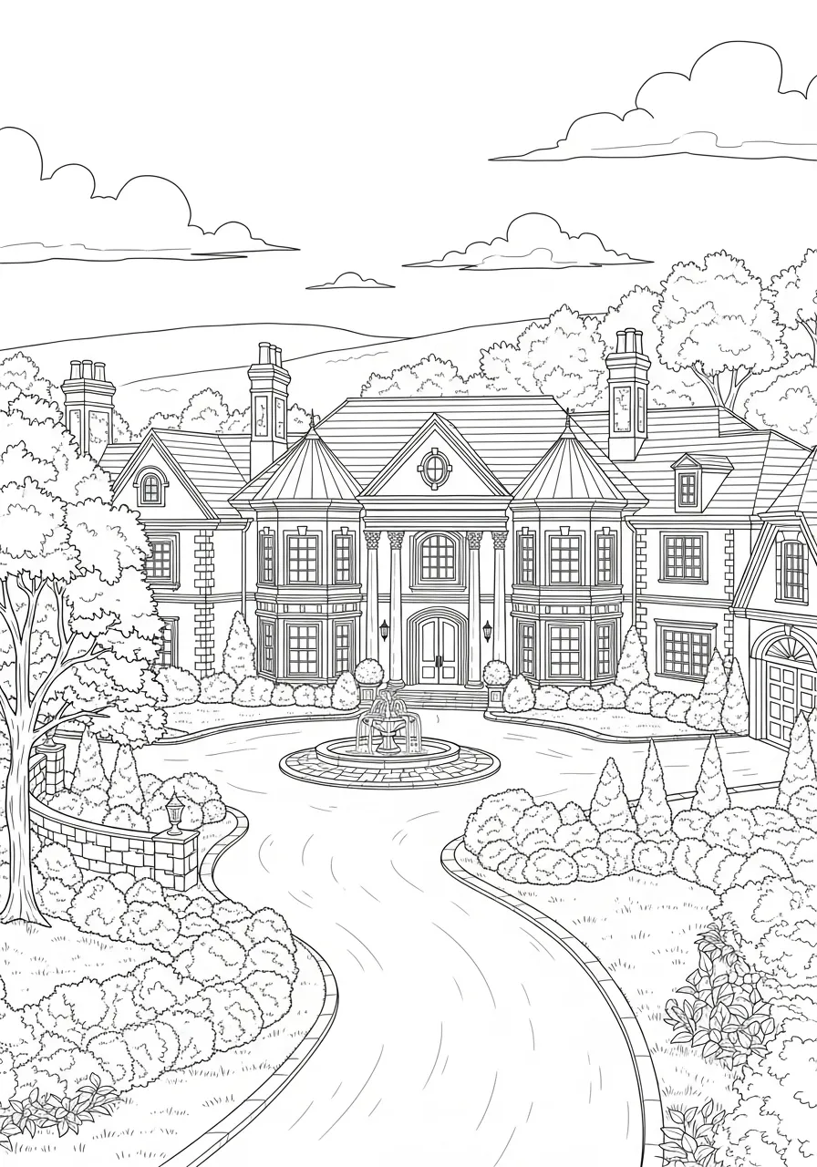 Imagem de uma mansão elegante com jardim para colorir