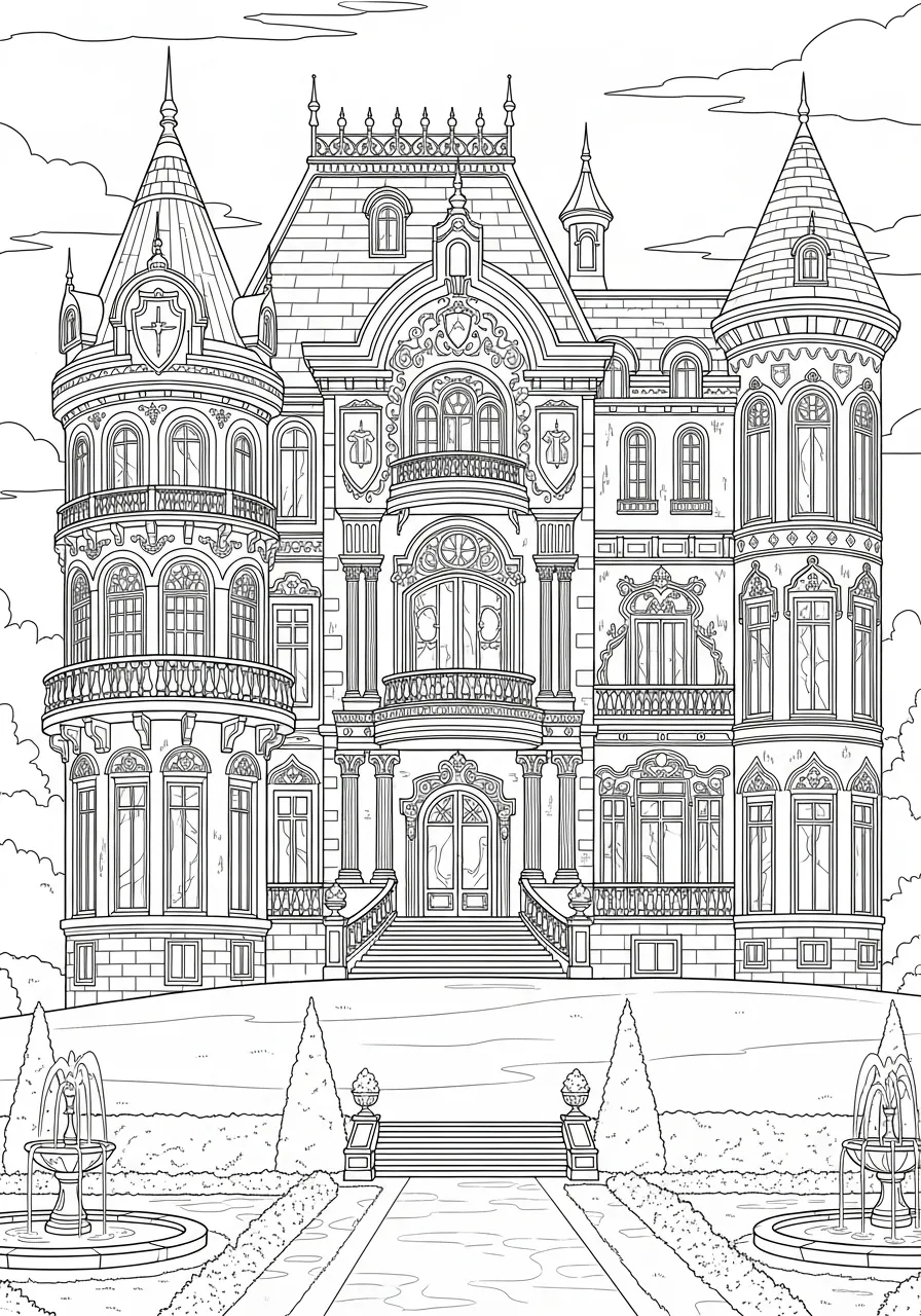 Desenho detalhado de uma mansão vitoriana com torres e jardins para colorir