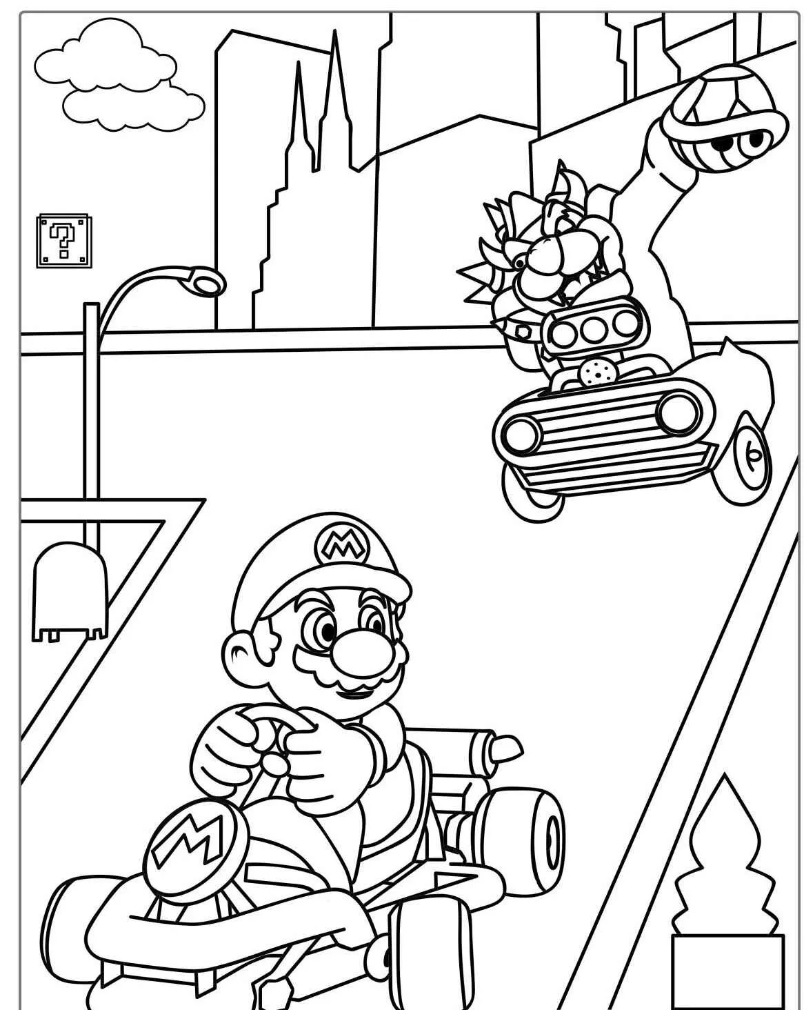 Imagem para colorir de Mario e Bowser em uma corrida de kart