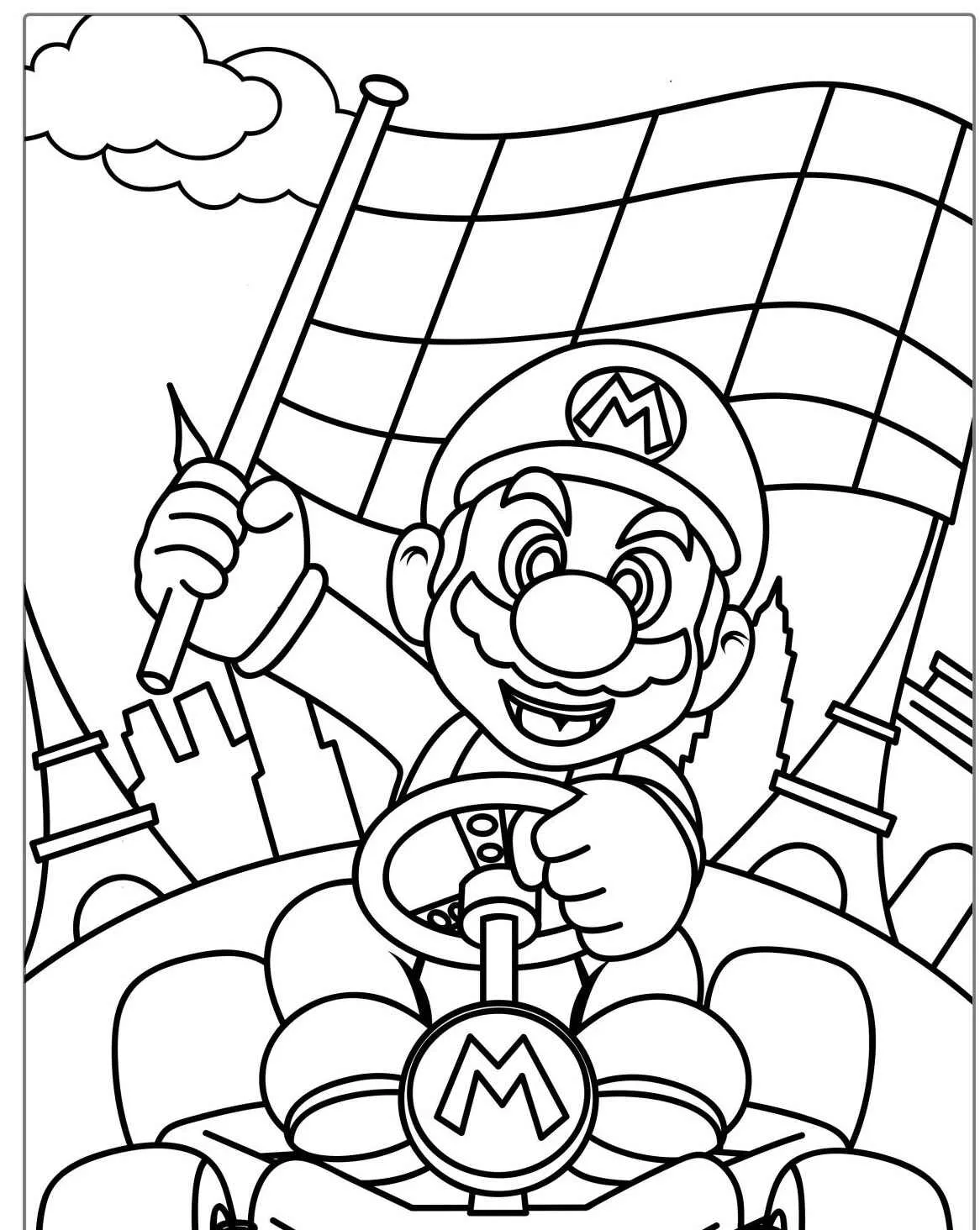 Imagem para colorir de Mario Kart com Mario segurando uma bandeira na linha de chegada