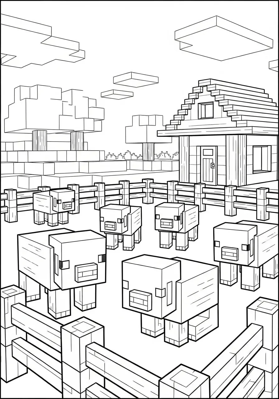 Imagem de um curral de Minecraft com várias ovelhas e uma casa ao fundo para colorir