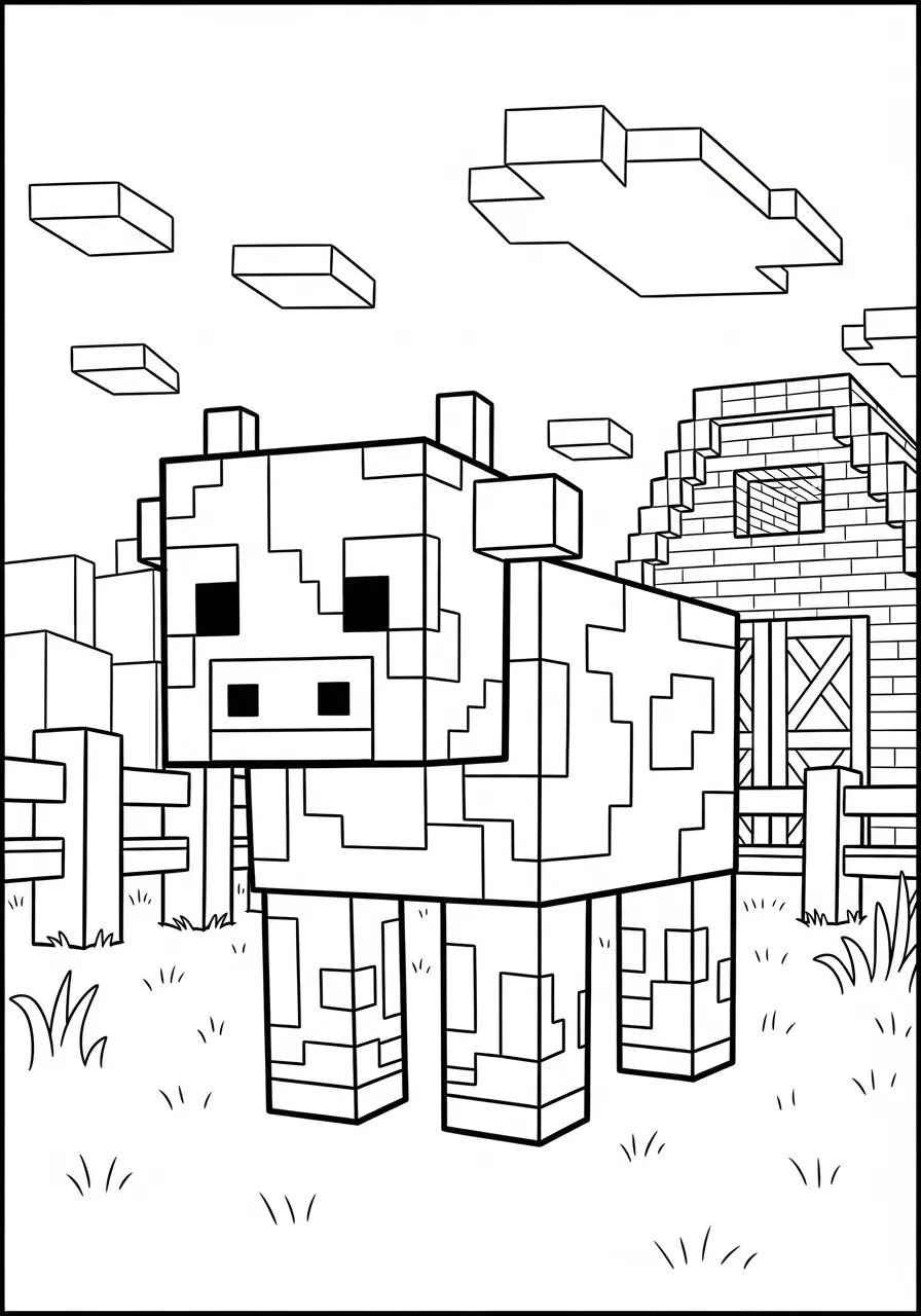 Desenho de uma vaca de Minecraft em uma fazenda para colorir
