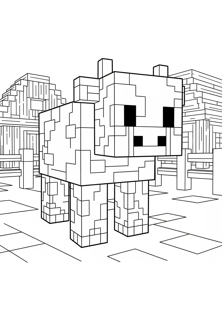 Desenho de uma vaquinha de Minecraft em uma fazenda para colorir