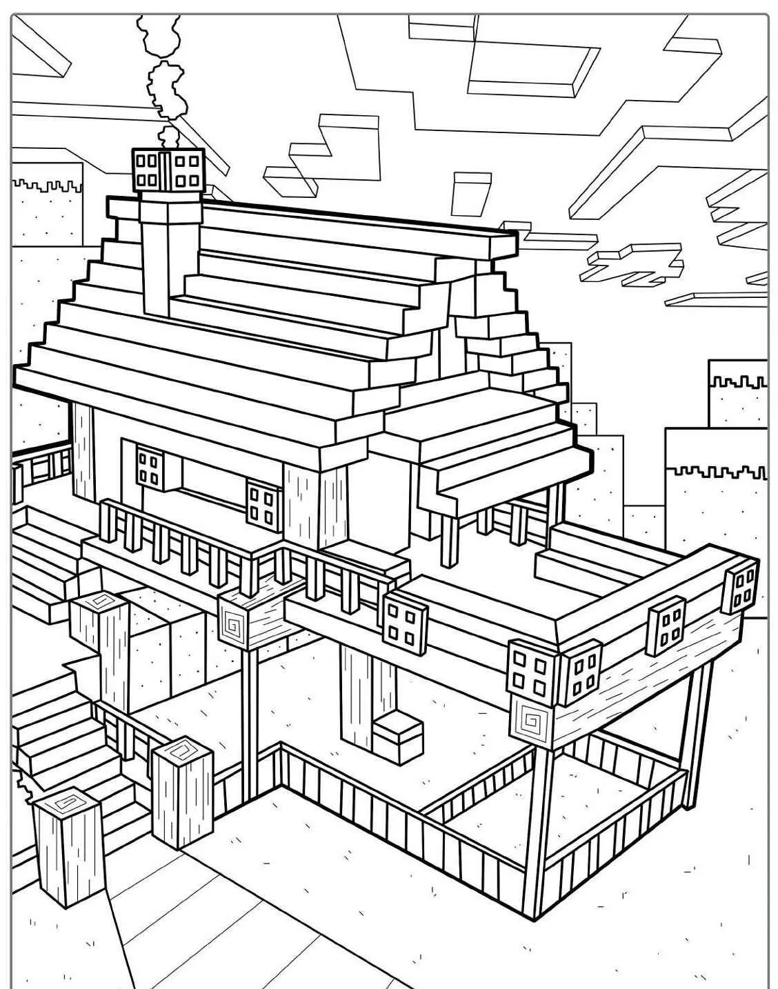 Desenho de uma casa de madeira no estilo Minecraft para colorir